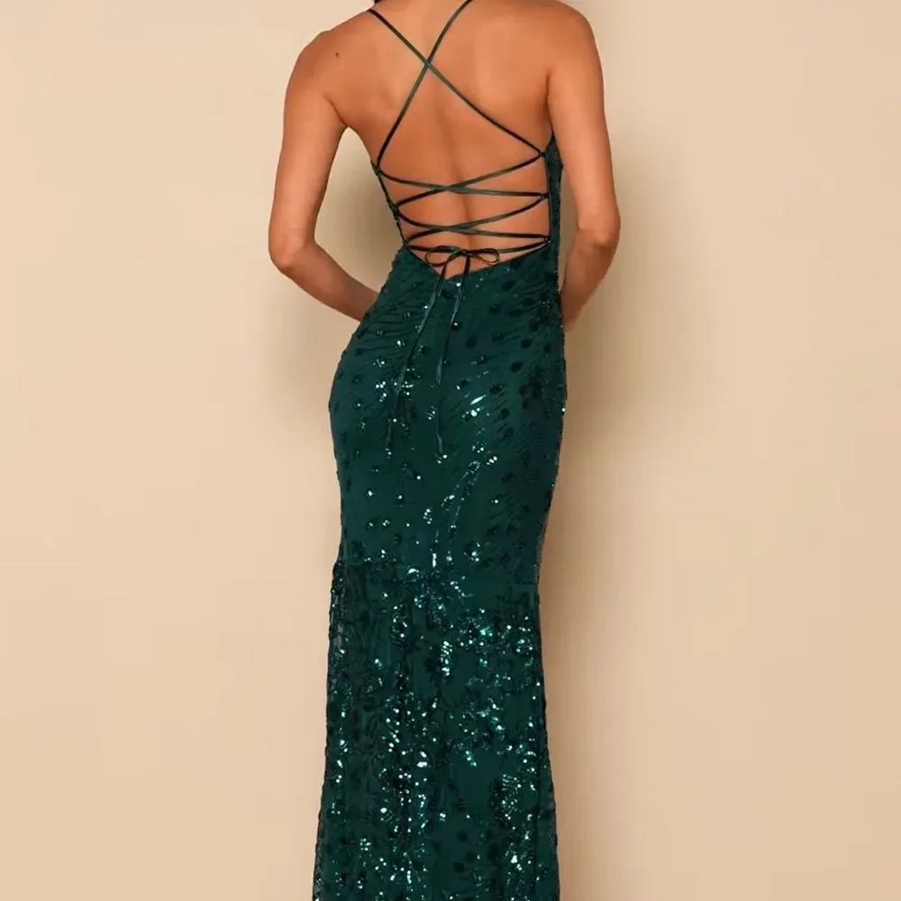 Lulus Photo Finish Forest Green Sequin Lace-Up Maxi Dress - Picture 3 of 4